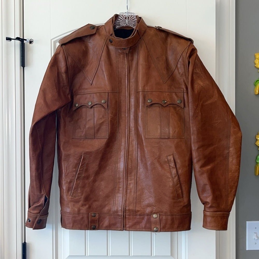 Vintage High quality men brown leather coat jacket bomber aviator biker moto M/L
